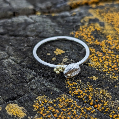 Cowrie Ring with Tiny Single shell, Silver with cluster of 18ct gold sand grains